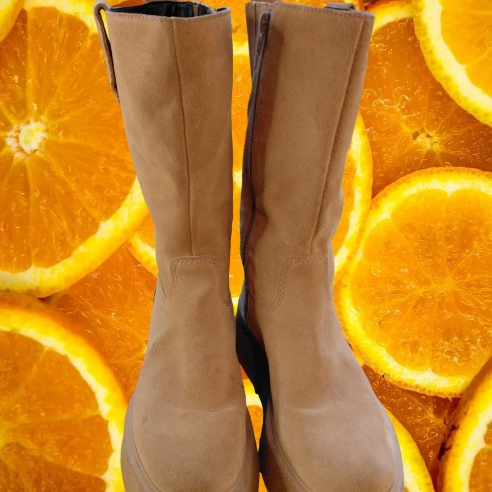 Tamaris Platform Boots‎ Suede Leather Zip Up Tan Brown Womens Shoes